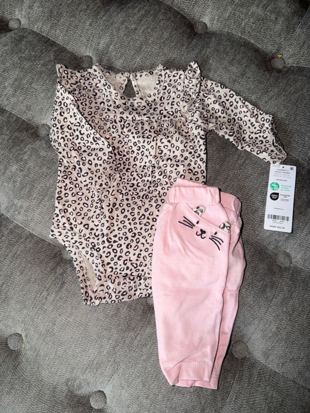 Leopard Print Ruffle Baby Bodysuit with Pink Cat Joggers
